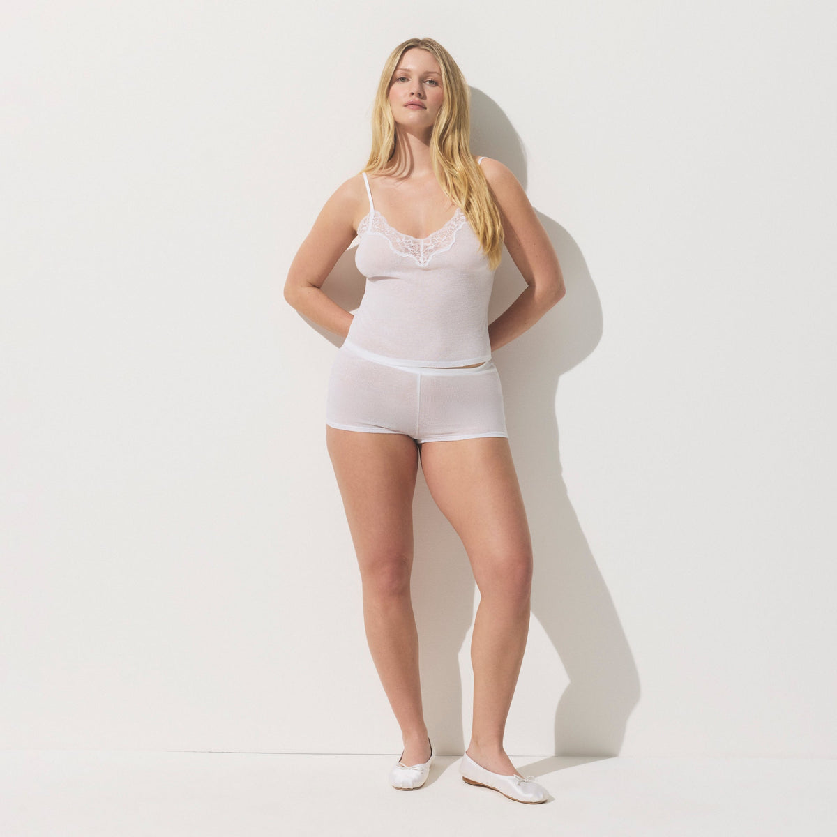 SHEER RIB LACE CAMI AND SHORT SET | SNOW